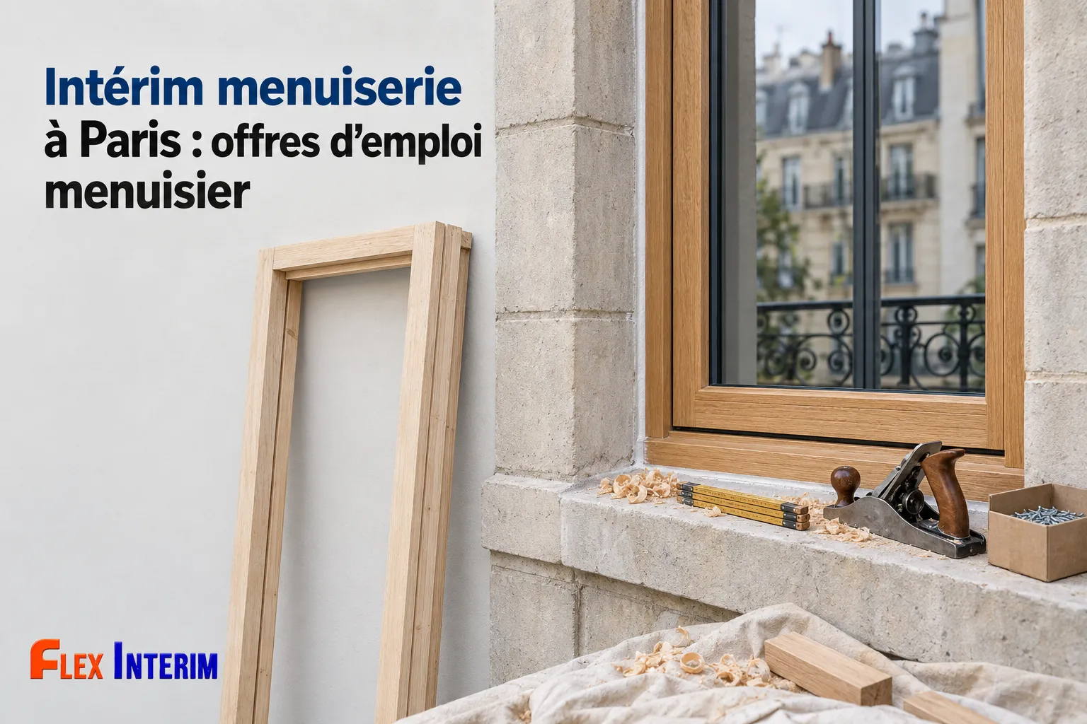 Intérim menuiserie Paris : pose et travail du bois près d’une fenêtre, avec outils et copeaux de bois; ambiance atelier.