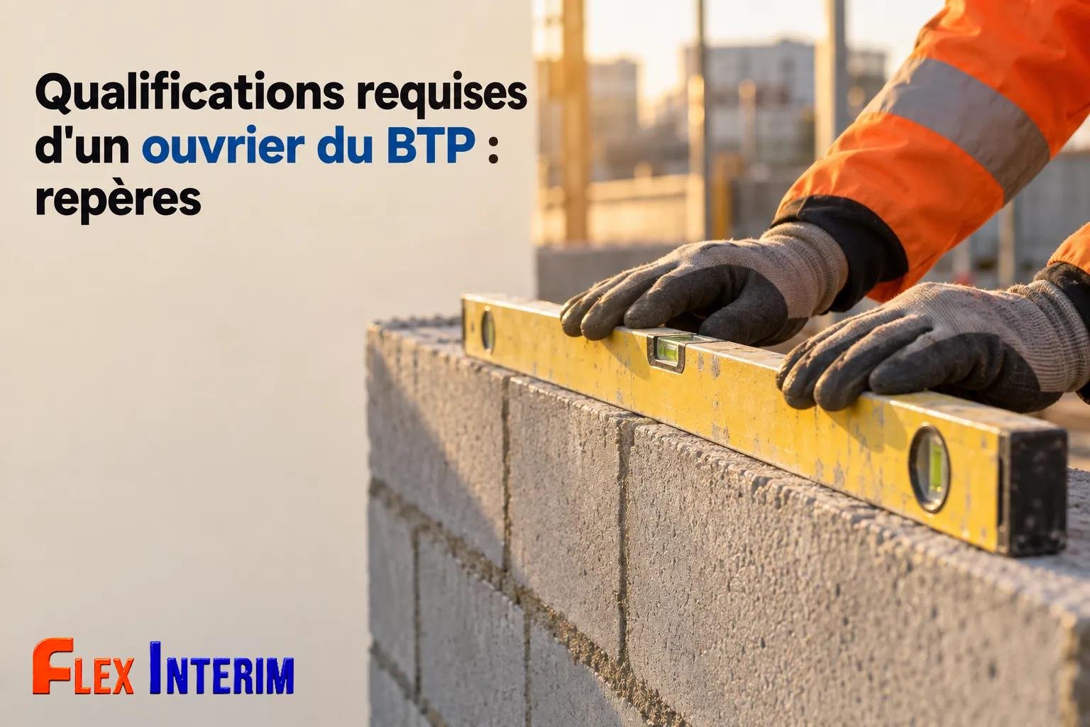 Ouvrier du BTP posant un mortier sur un mur en construction avec une règle à bulle.
