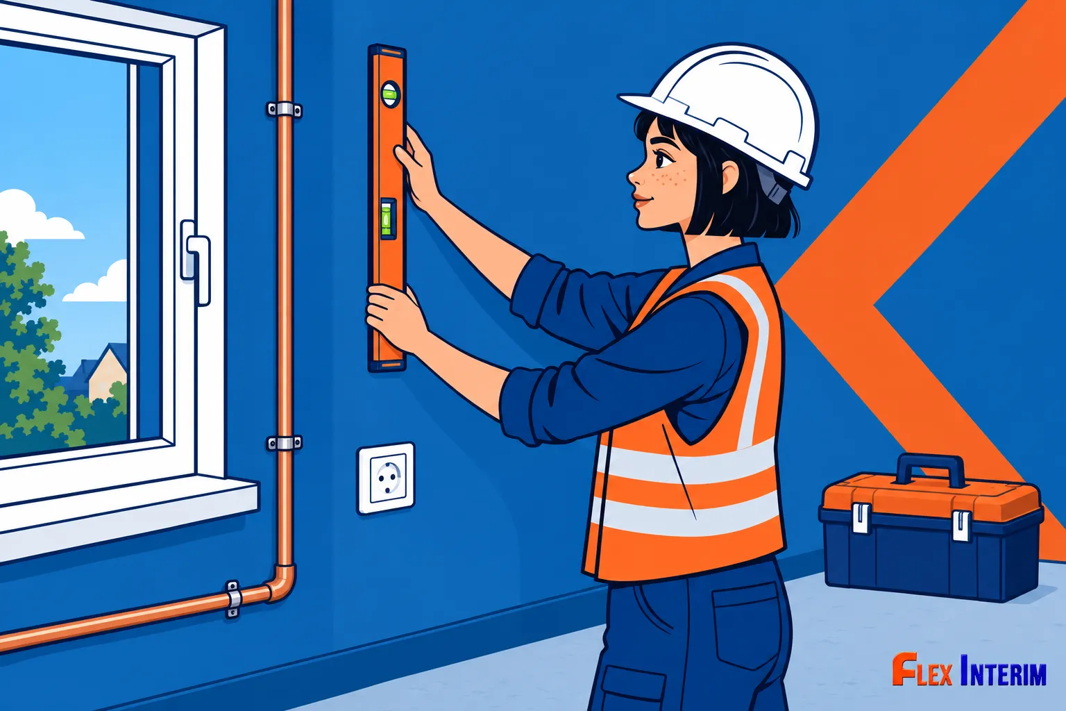 Une ouvrière portant casque et gilet réfléchissant orange fait un niveau à bulle contre un mur intérieur avec outil à portée