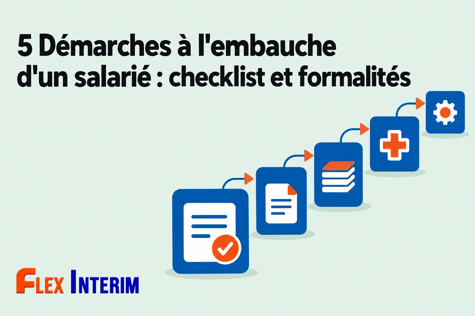 5 démarches à l'embauche d'un salarié : checklist et formalités illustré par une progression d’icônes liées à la gestion du personnel.