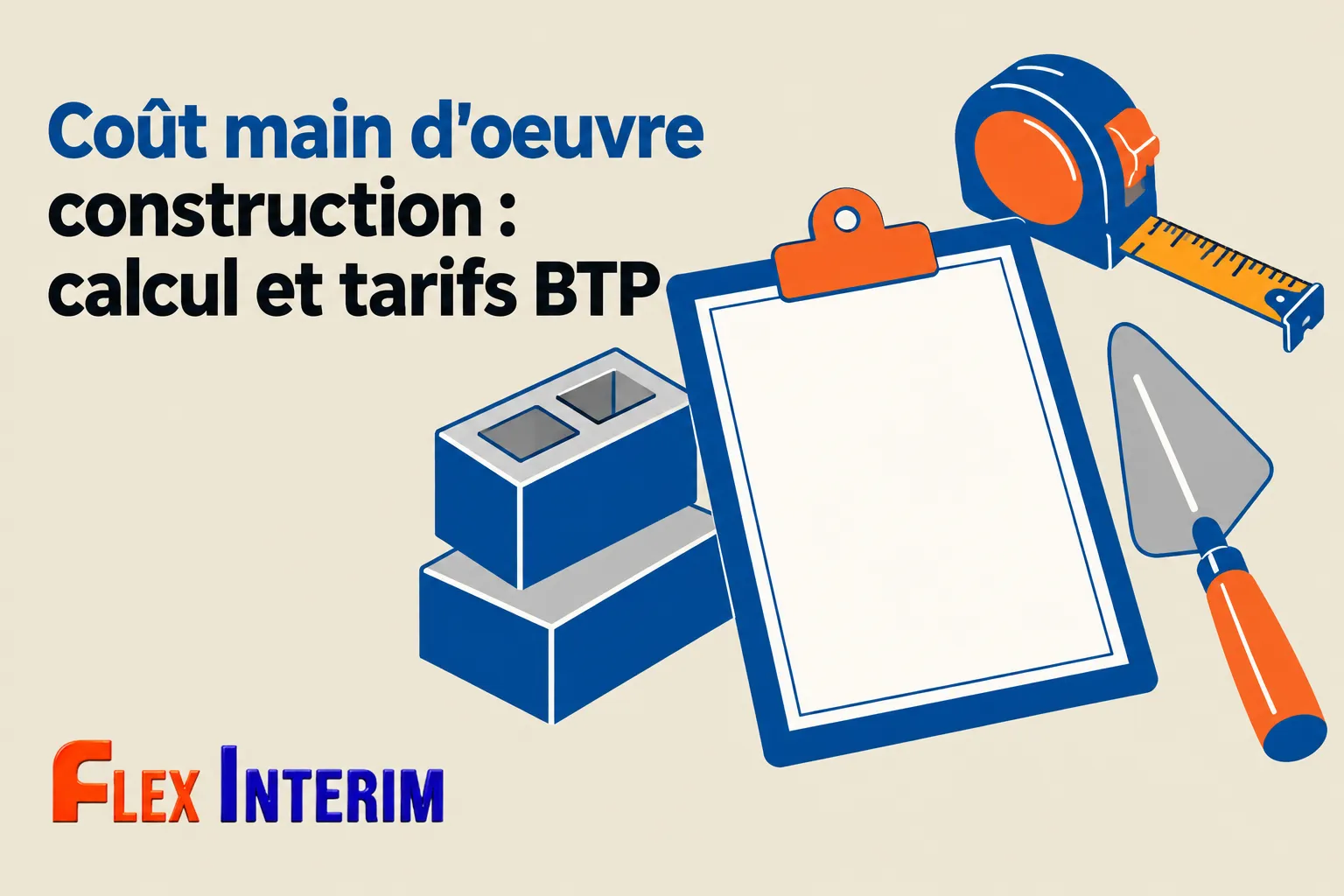Affiche illustrant des outils de construction et un carnet, représentant le coût de main-d’œuvre dans le secteur BTP.