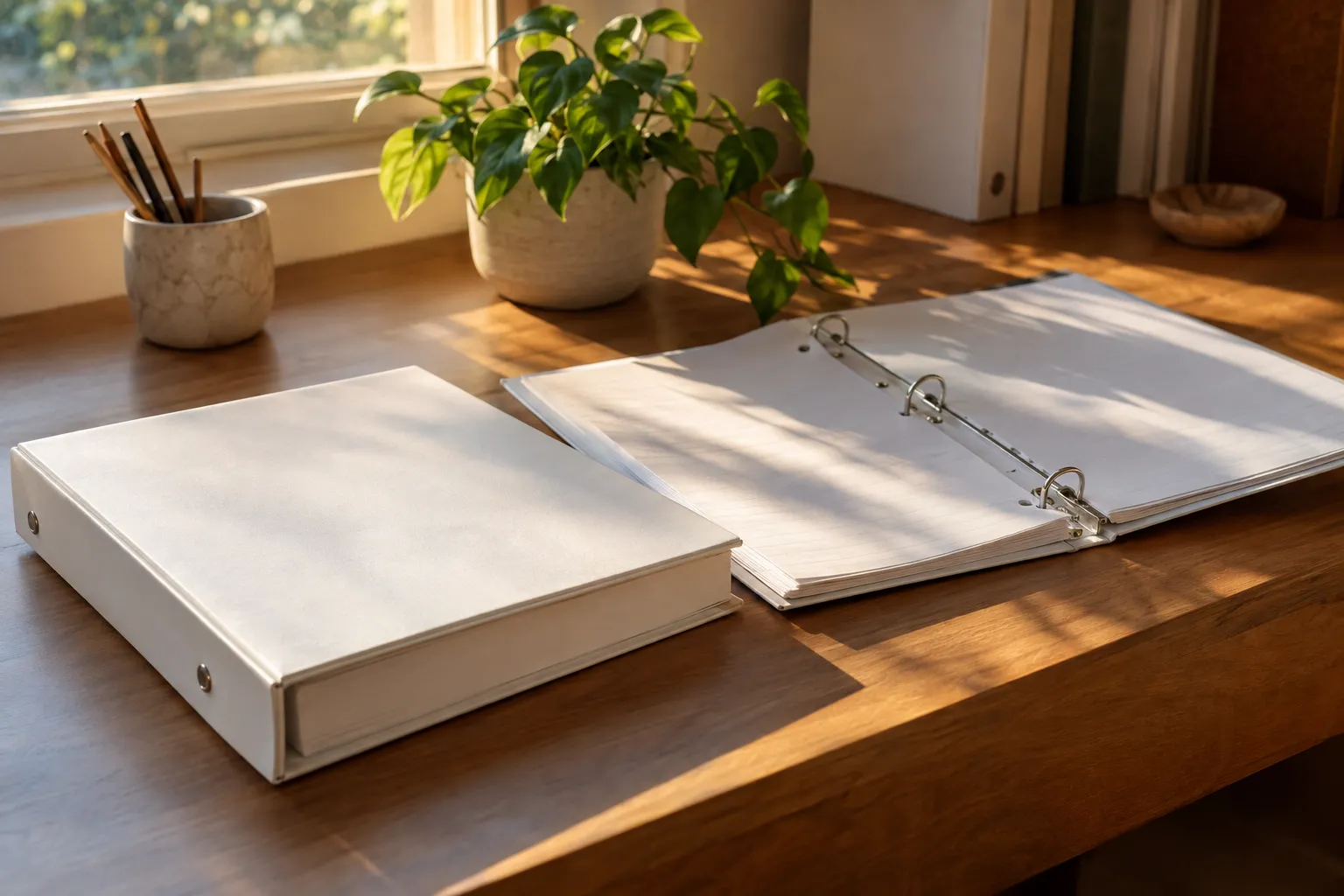 Une armoire ou classeur blanc et un classeur à anneaux ouverts sur un bureau en bois près d’une fenêtre, éclairage naturel. Déclaration travailleur étranger en france.