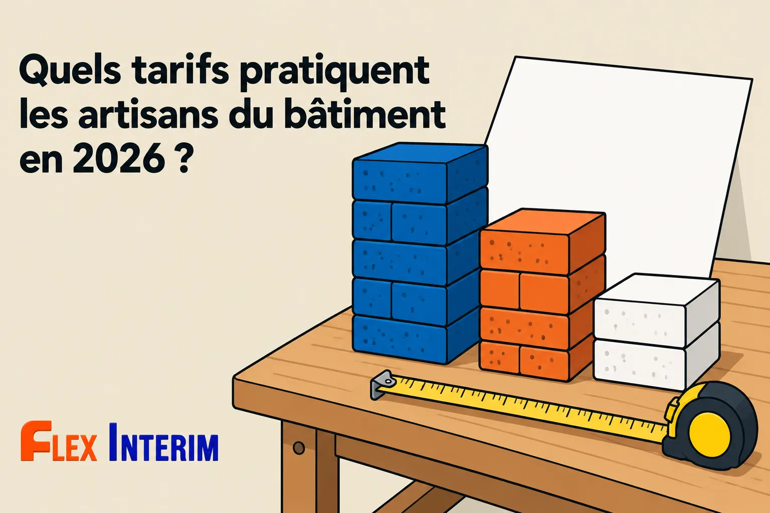 Des blocs de construction de différentes couleurs posés sur une table avec un mètre ruban et une feuille blanche derrière.
