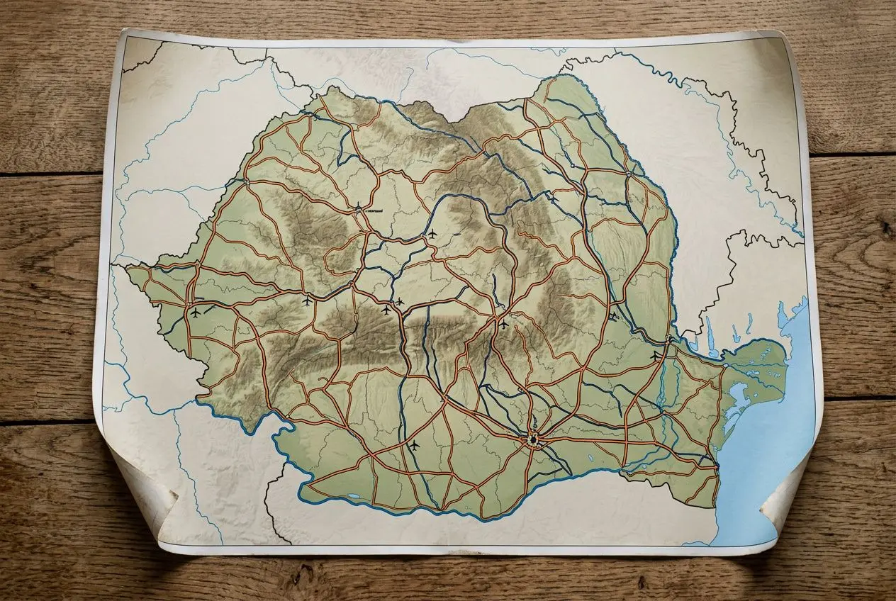 Cartes routières de la Roumanie affichant un réseau complexe de routes et autoroutes sur une carte pliée. Altération du coin inférieur droit.