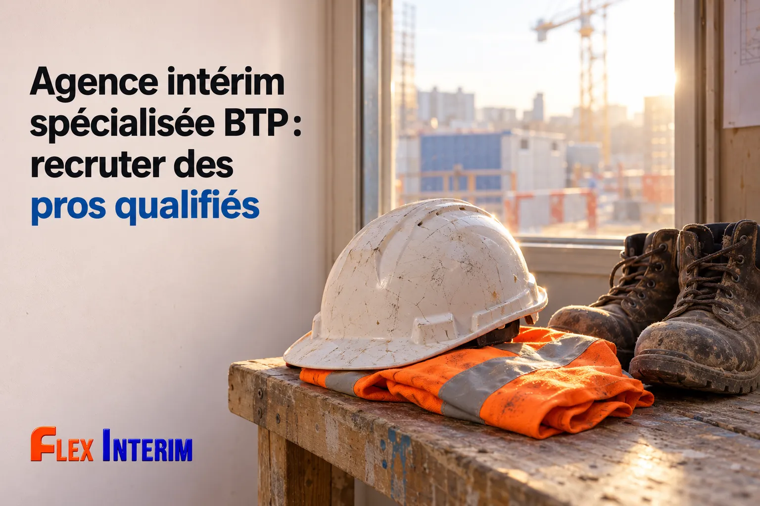 Casque de chantier, gants et bottes posés sur un établi devant une construction en cours.