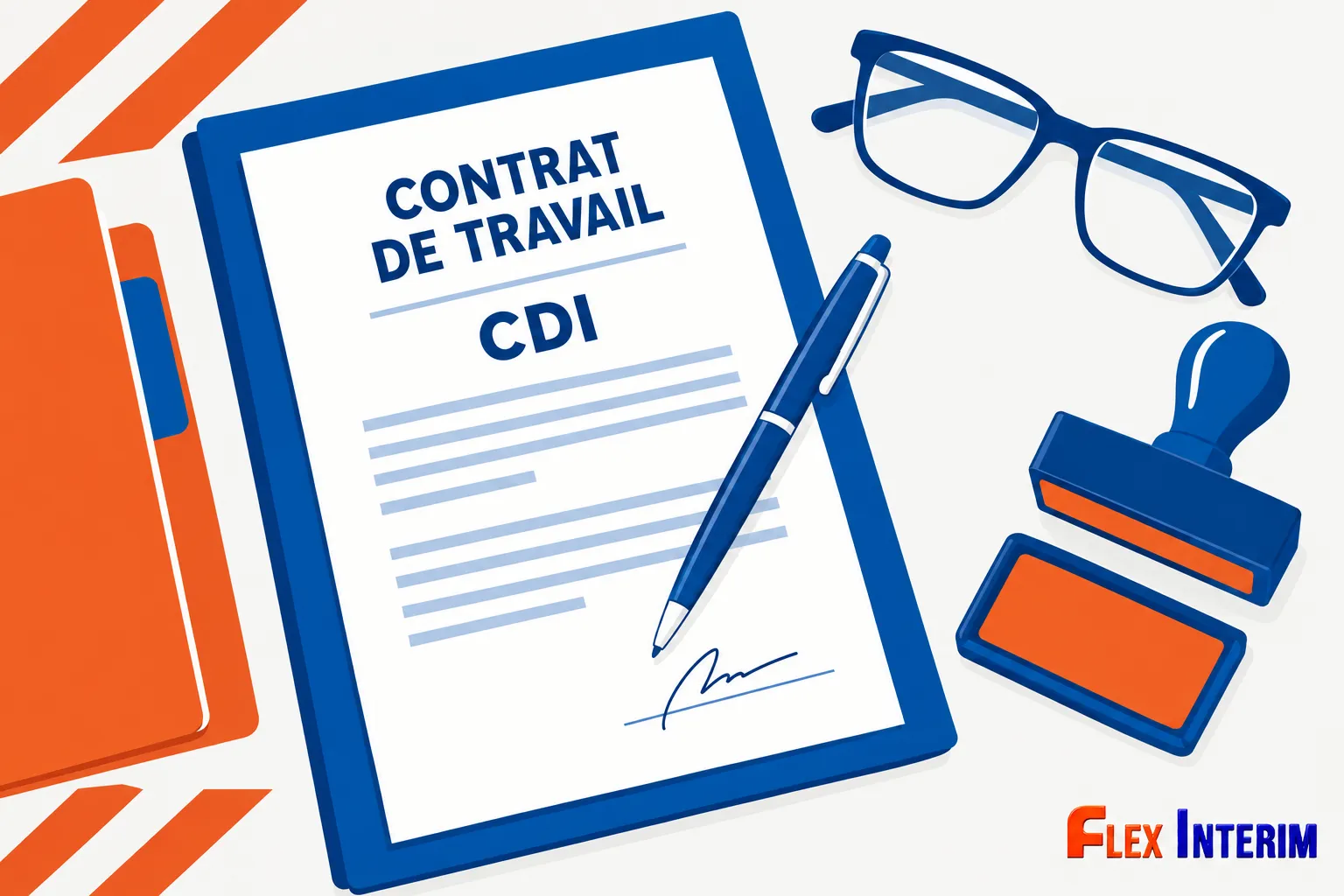 Contrat de travail CDI posé sur une tablette, accompagné d’un stylo, d’un stylo bleu, d’un bloc-notes orange et d’une paire