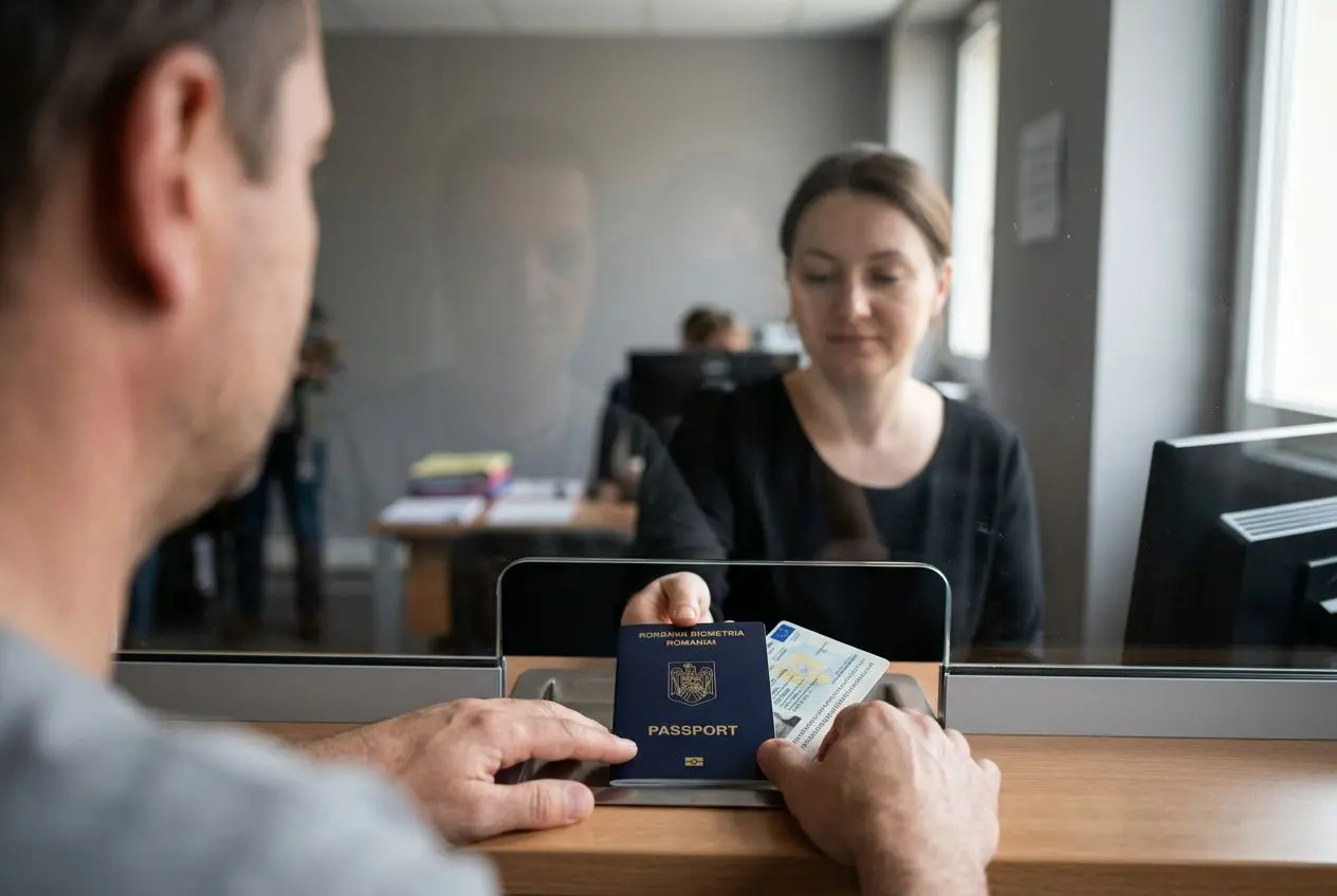 Demande de documents et passeport d’un Roumain présenté lors d’un entretien administratif en guichet, à côté d’un badge. autorisation de travail en france pour les roumains.
