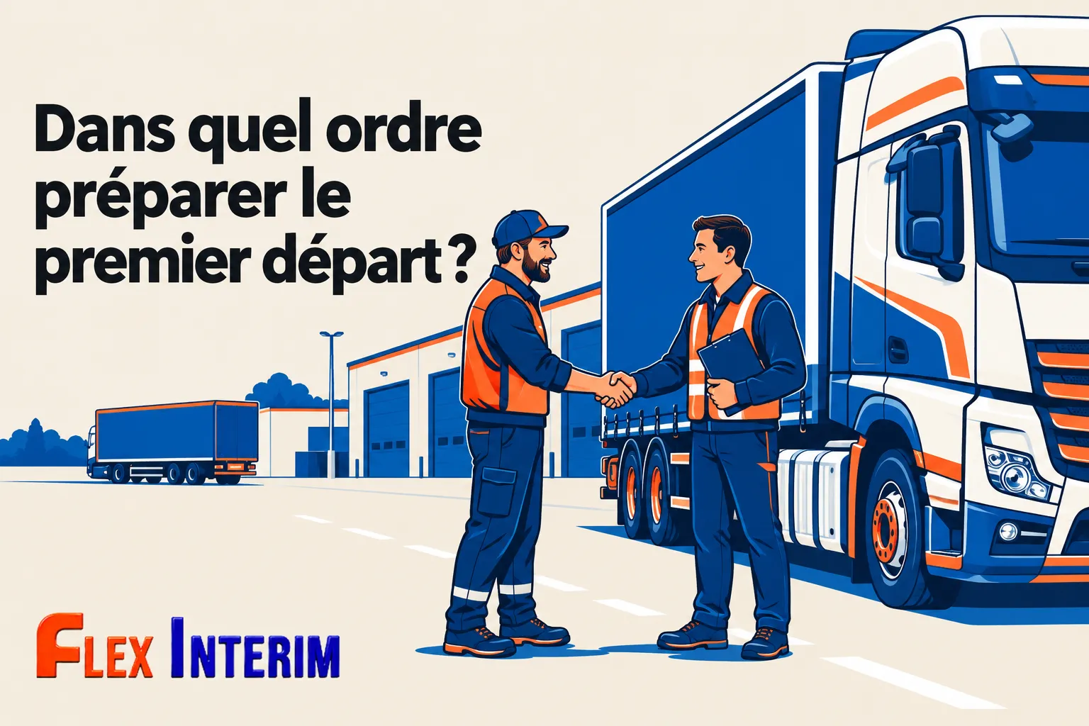Les deux conducteurs se serrent la main devant un camion gris et bleu devant l’entrepôt.