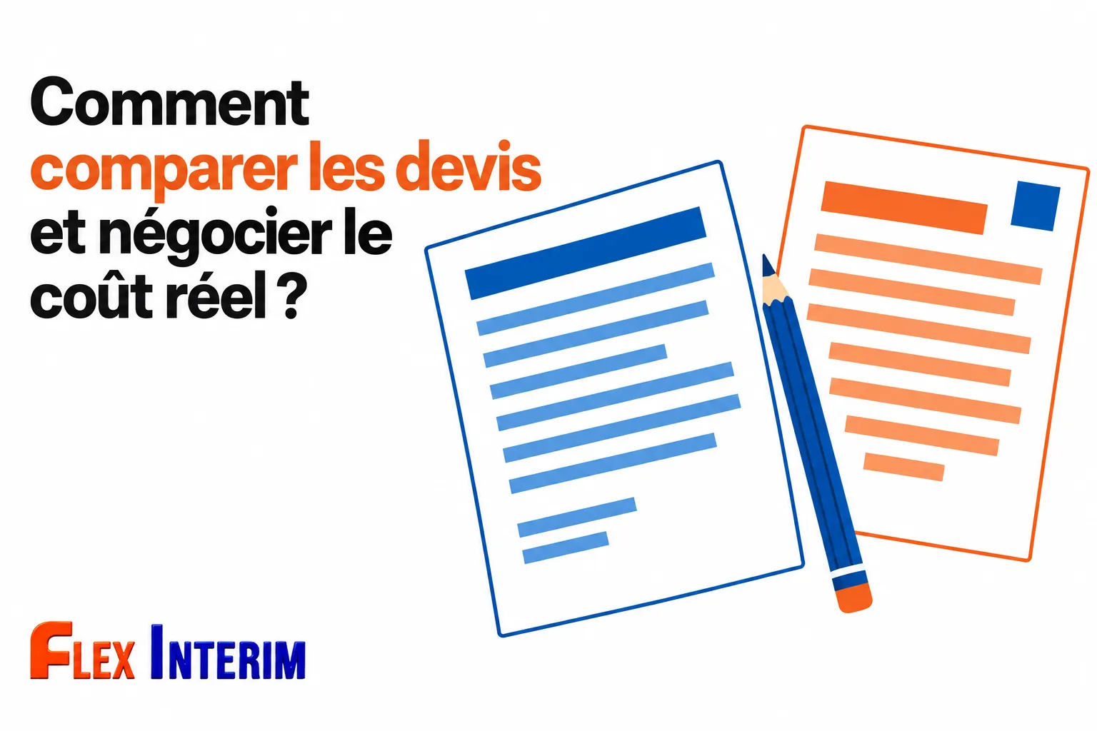 Deux devis posés à côté de deux documents avec crayon bleu sur fond clair.