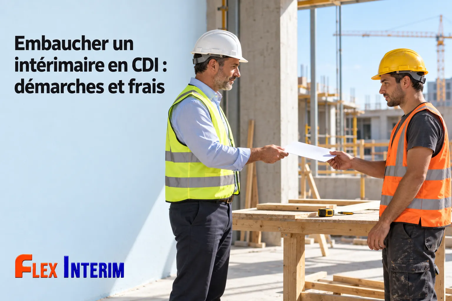 Deux ouvriers sur un chantier échangent un document au milieu de structures et d’équipements.