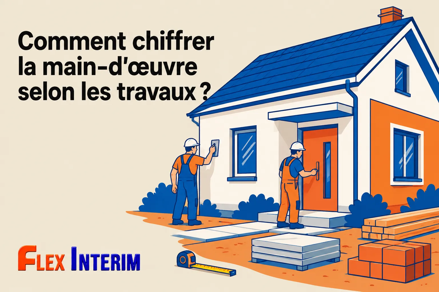 Deux ouvriers en chantier près d'une maison en construction, avec des matériaux et outils visibles.