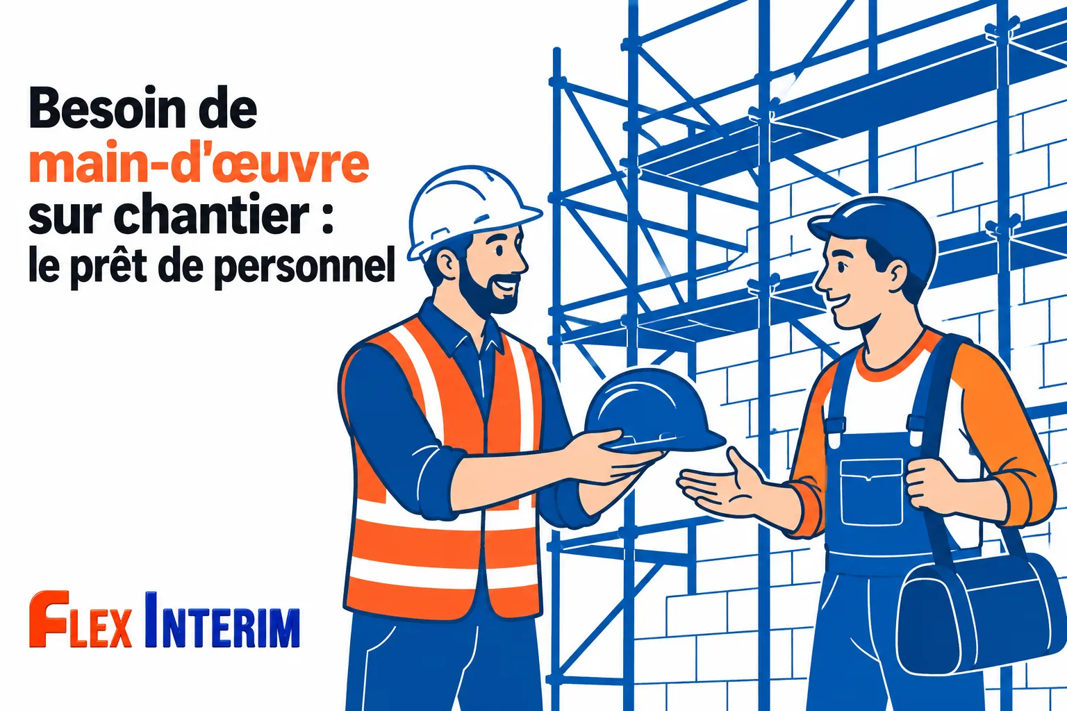 Deux ouvriers sur un chantier en train de se serrer la main devant une structure métallique et un mur en parpaings.