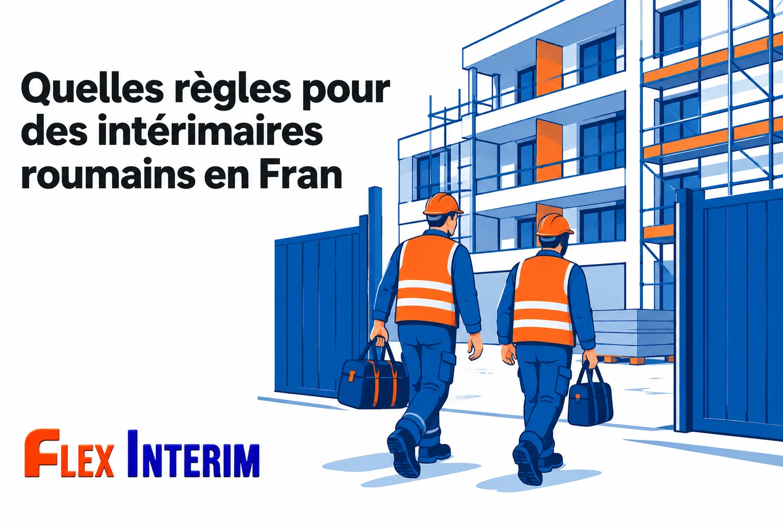 Deux ouvriers en gilet orange et casque marchent vers un chantier, portant des sacs à outils.