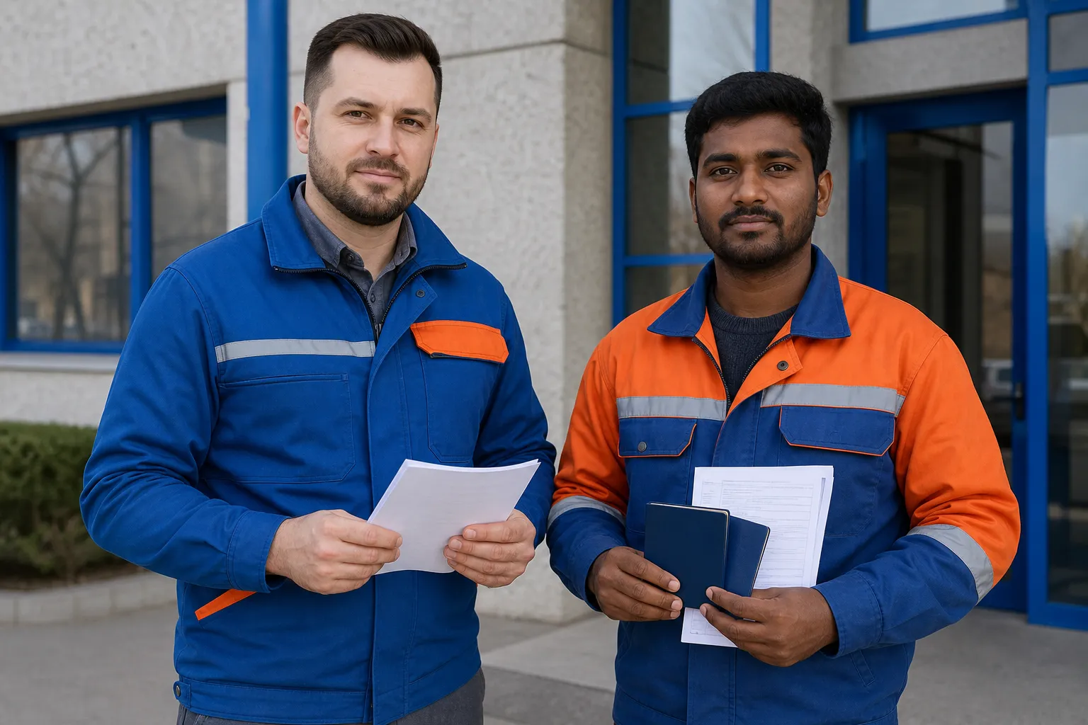 Deux travailleurs en uniforme bleu et orange tiennent des documents à la main devant un bâtiment, prêts pour une tâche professionnelle. (nouvelle loi du travail en roumanie 2026)