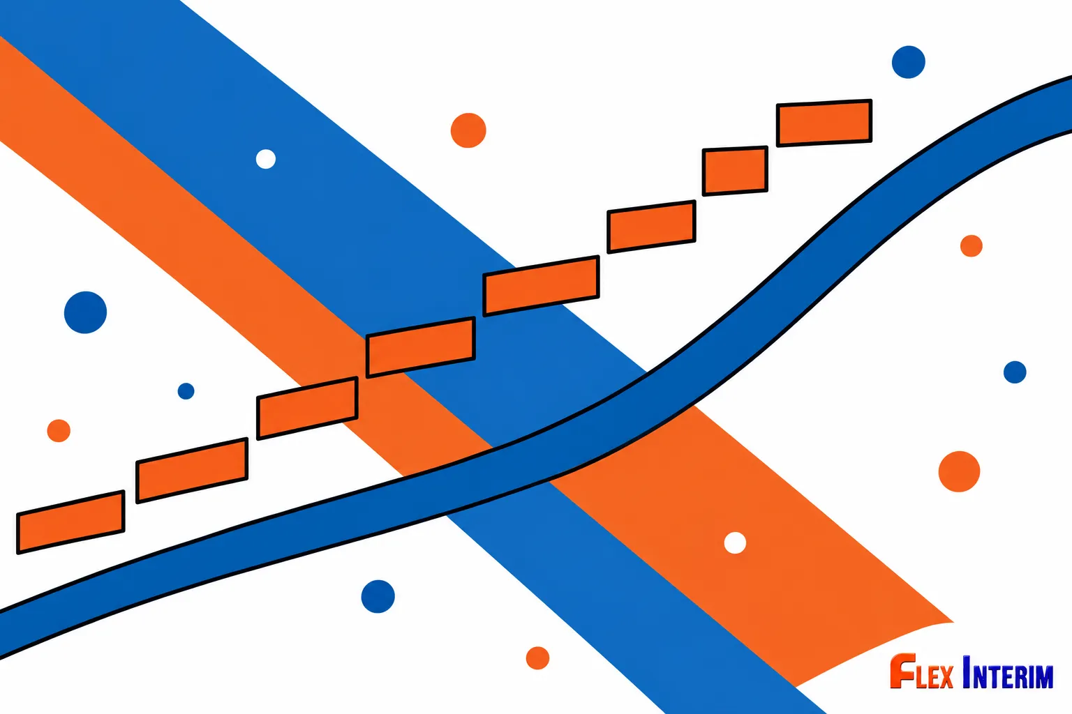 Diagramme abstrait montrant deux traits colorés qui se croisent et une série de petits blocs orange le long d’un chemin