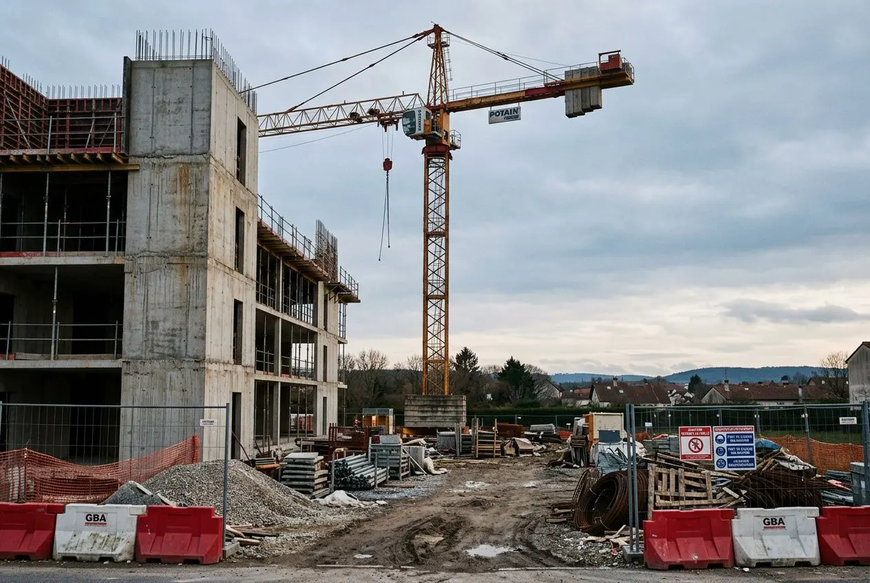 Grue de chantier sur un bâtiment en construction, vue de loin avec gravats et barrières rouges, symbolisant le gros problème du secteur de la construction.