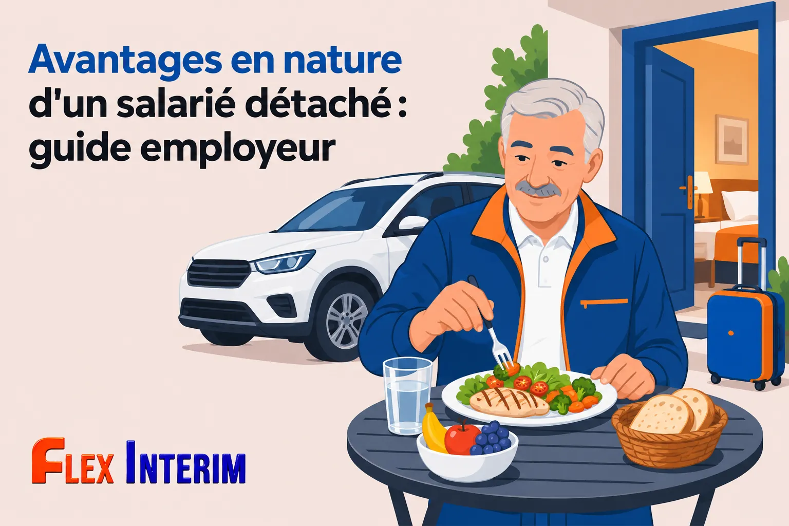 Un homme âgé mange assis à une table devant une voiture et une porte ouverte avec valises, entouré d’un repas et d’un bol de