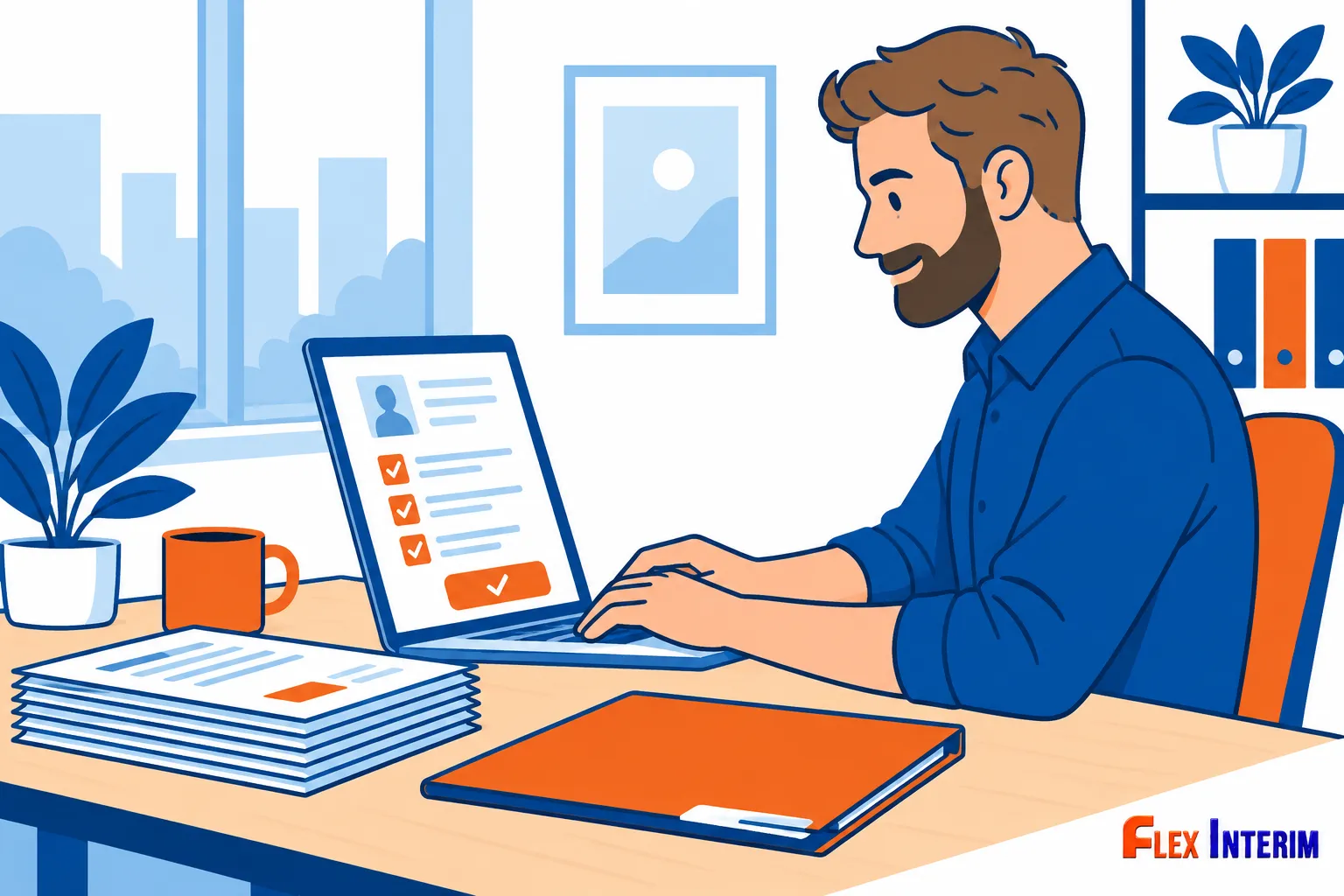 Un homme avec une barbe travaille sur son ordinateur portable sur un bureau avec des dossiers et un cahier orange.