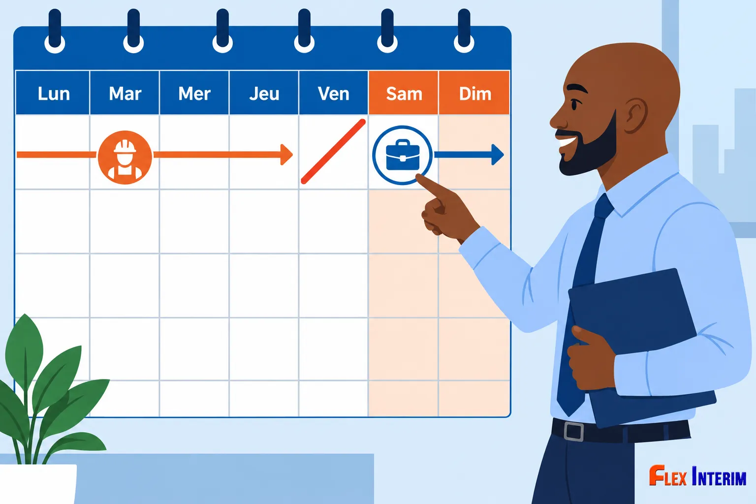 Un homme d’affaires en chemise et cravate pointe du doigt un calendrier sur le mur.