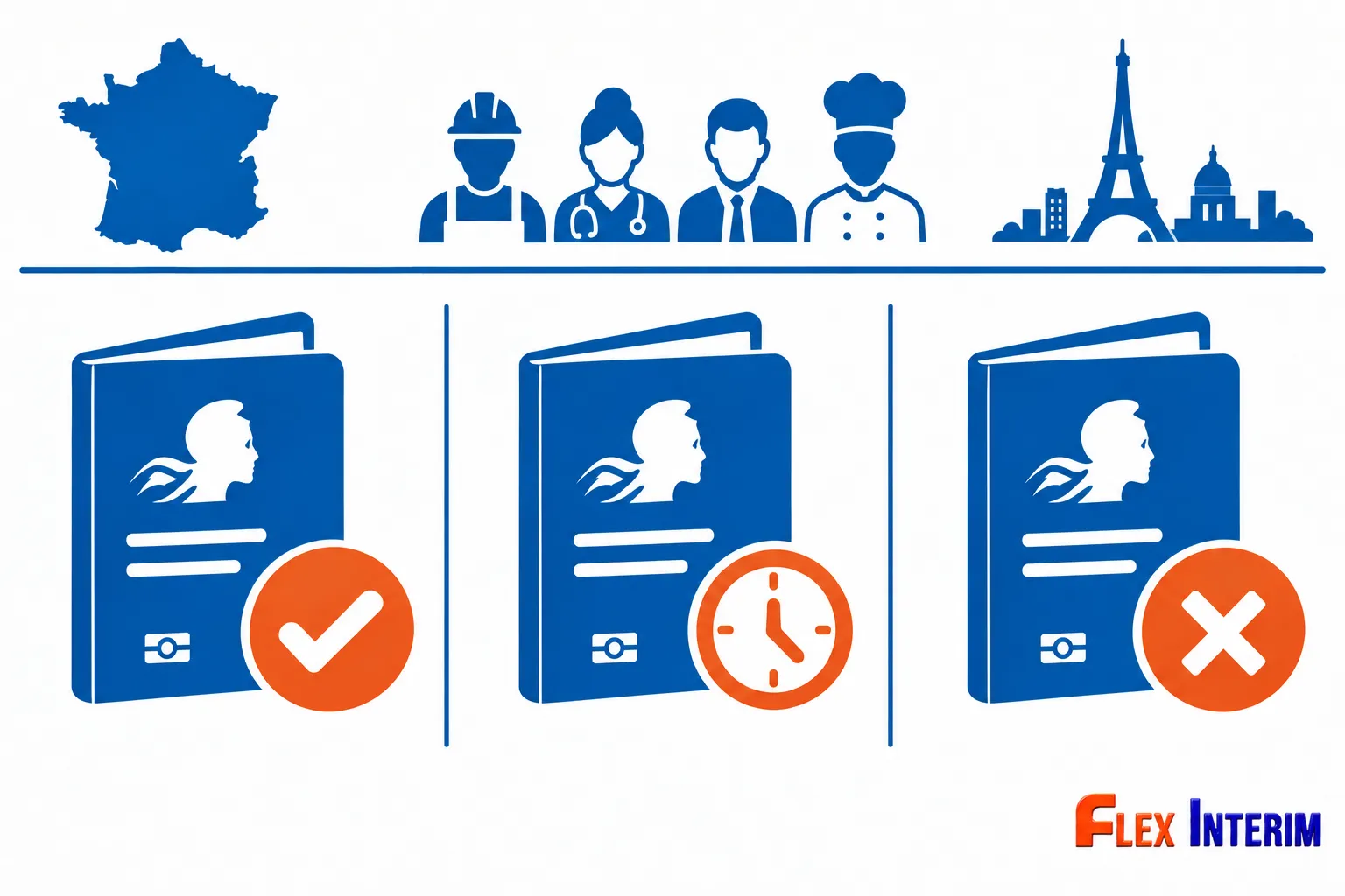 Illustration illustrant les démarches liées à la déclaration travailleur étranger en france, avec trois cas de documents et statuts (validé, en retard, refus).