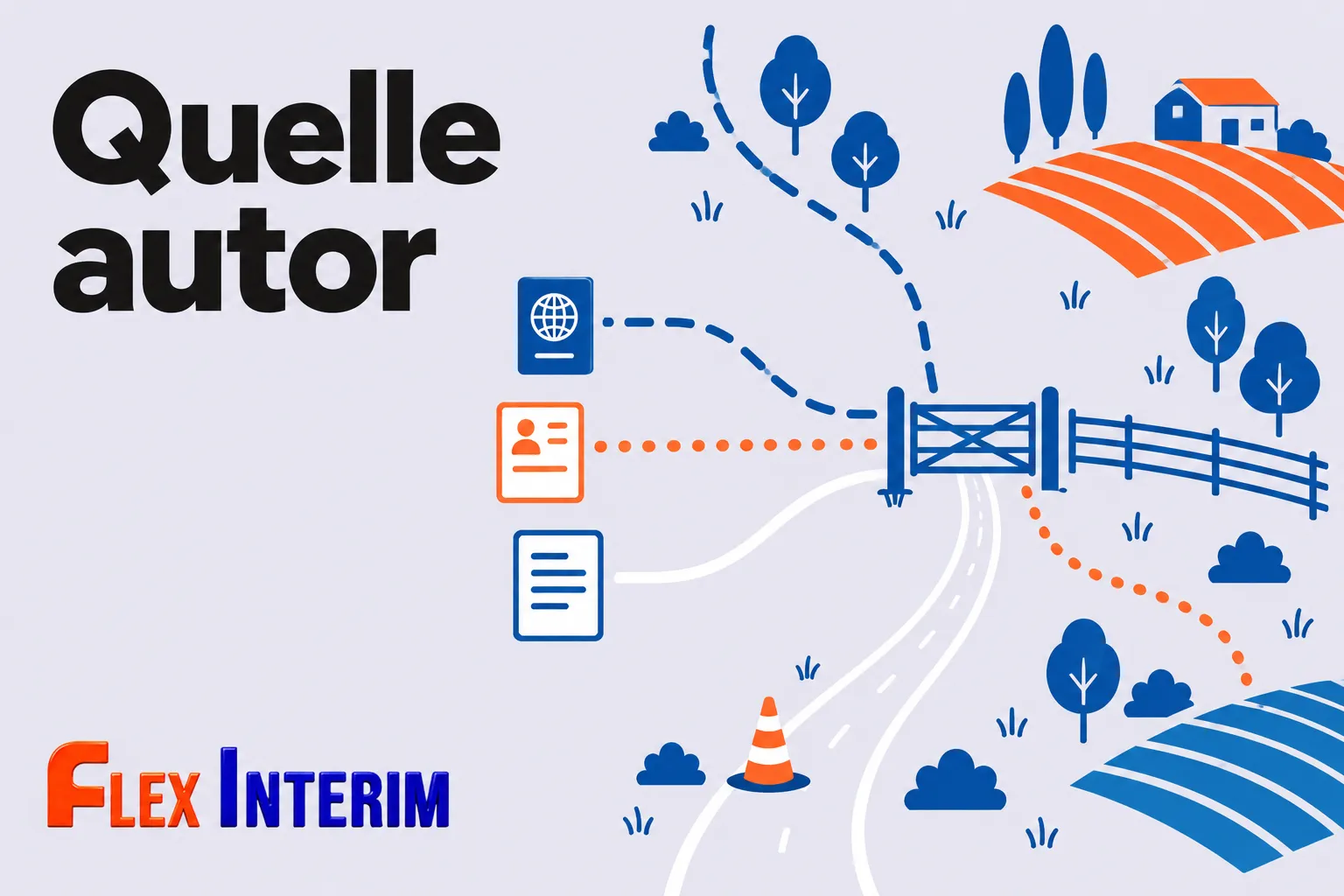 Illustration montrant une route rurale avec un pont et des champs, motifs bleus et orange, et le logo Flex Interim.