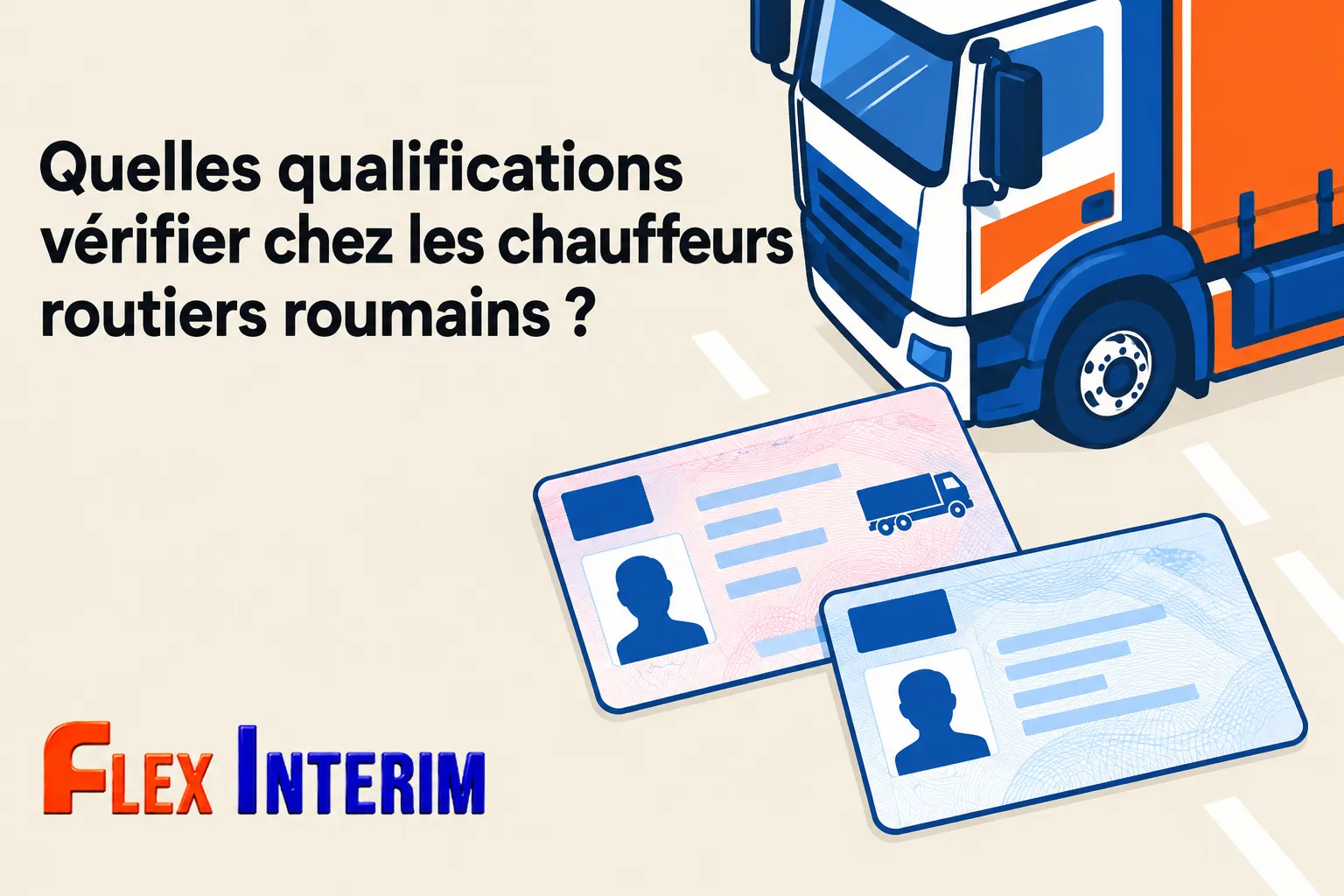 Une illustration montre un camion orange et bleu à côté de deux cartes d'identité.