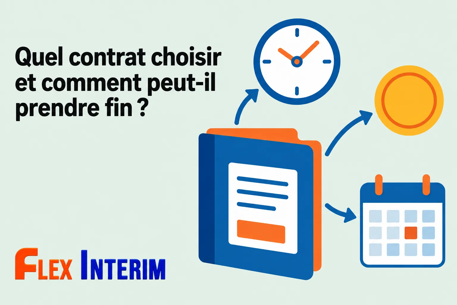 Une illustration montre un dossier de contrat relié par des flèches à une horloge, un calendrier et une pièce.