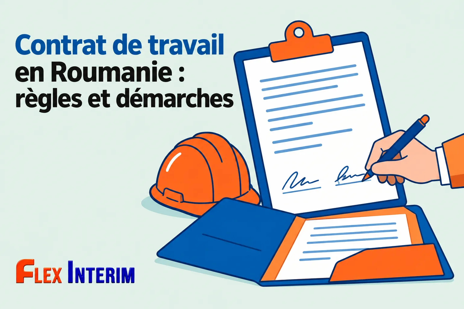 Une main signe un contrat de travail sur une planche à pince, à côté d’un casque de chantier et d’un dossier.