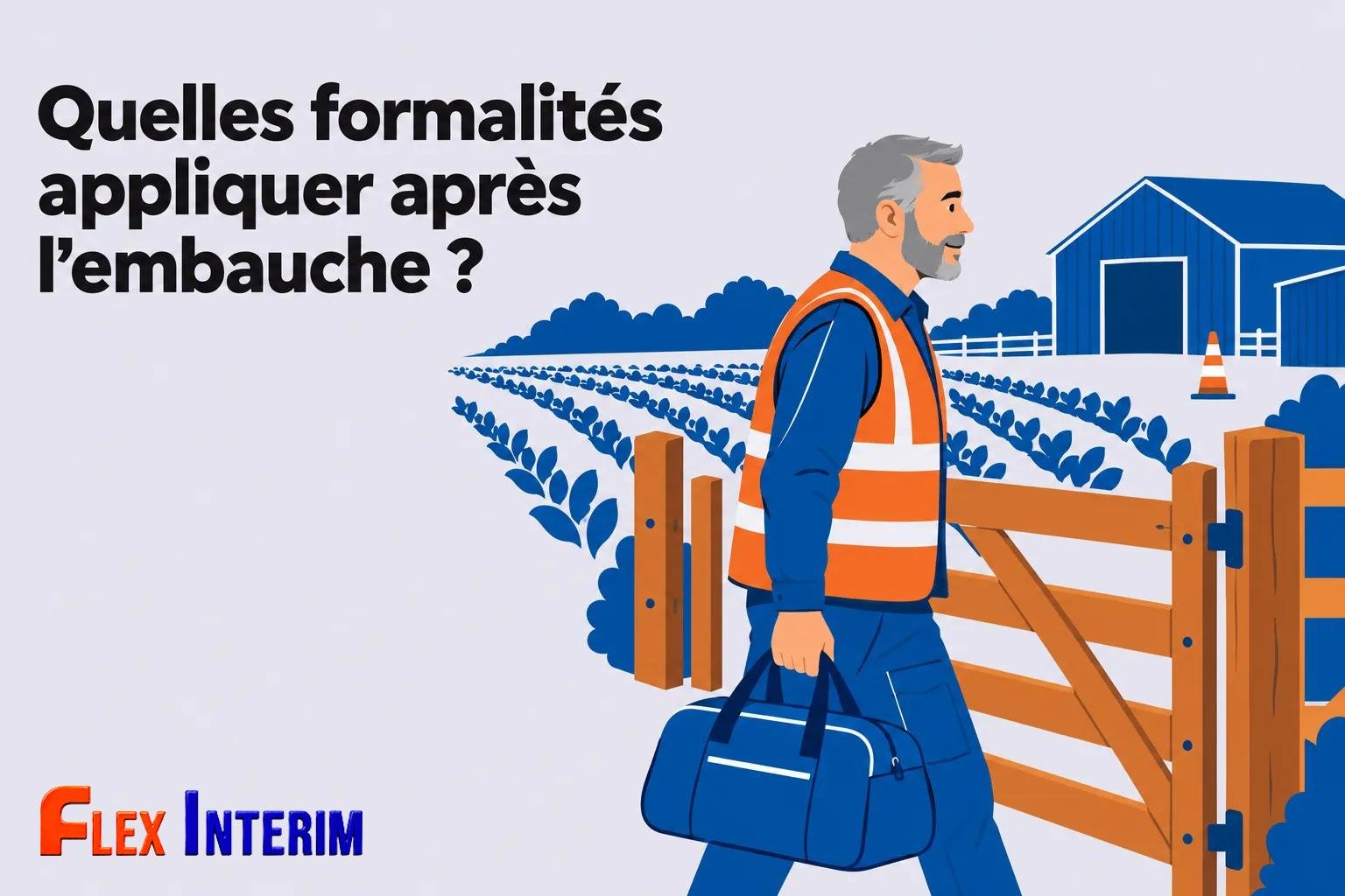 Un ouvrier agricole âgé portant une veste et un sac de travail bleu, près d’un portail de ferme et d’un champ.