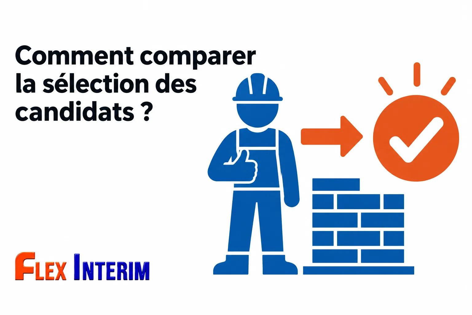 Un ouvrier en bleu donnant le pouce, près de blocs de construction et d’un signe de validation orange.
