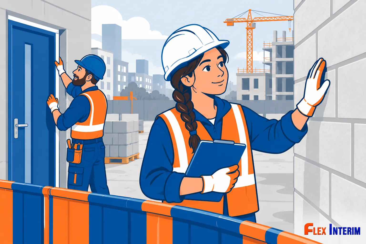Une ouvrière et un ouvrier du BTP sur un chantier, portant des gilets de sécurité et casques, l’ouvrière tenant un carnet et