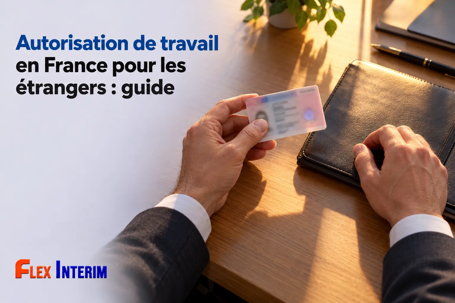 Personne tenant une carte d'identité ou de séjour devant un carnet de notes sur un bureau.