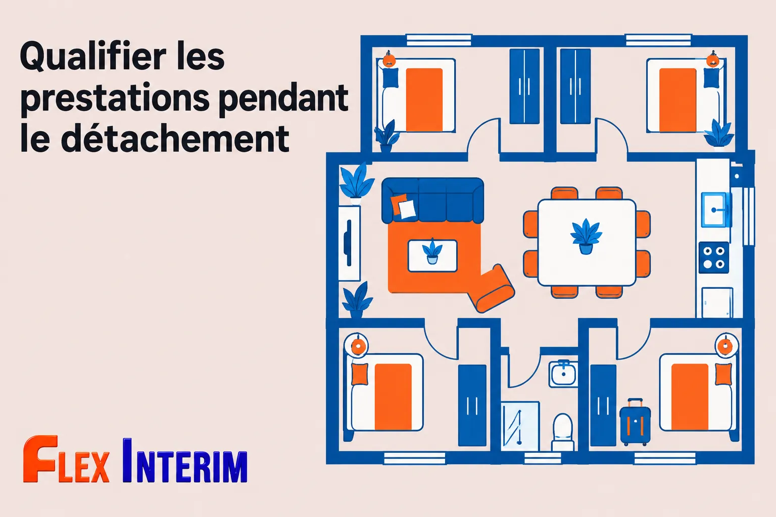 Plan de logement en détachement montrant une cuisine, une salle à manger et des chambres dans un appartement.