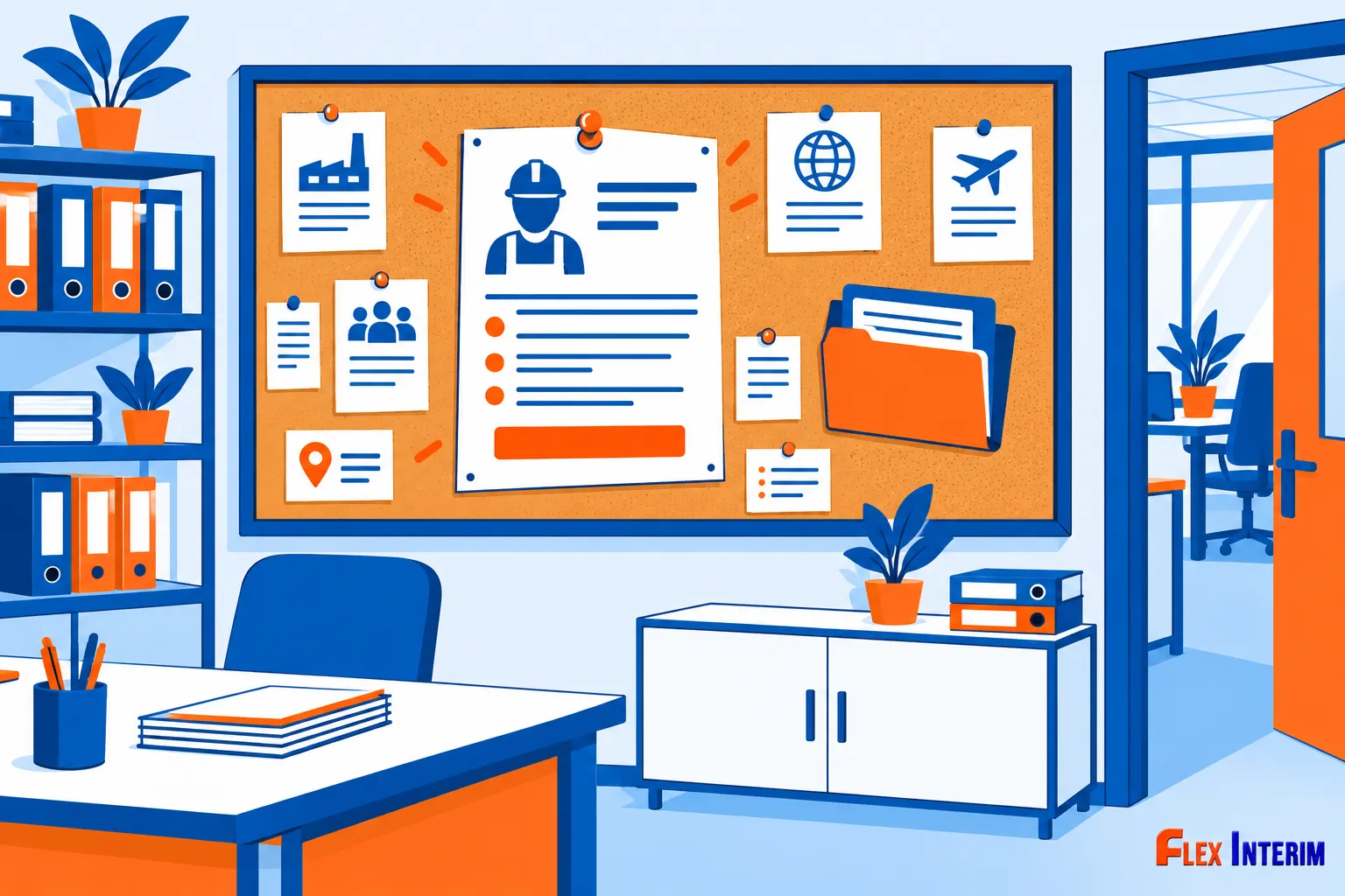 Plan de travail en salle de recrutement avec un tableau d’affichage et des documents affichés.