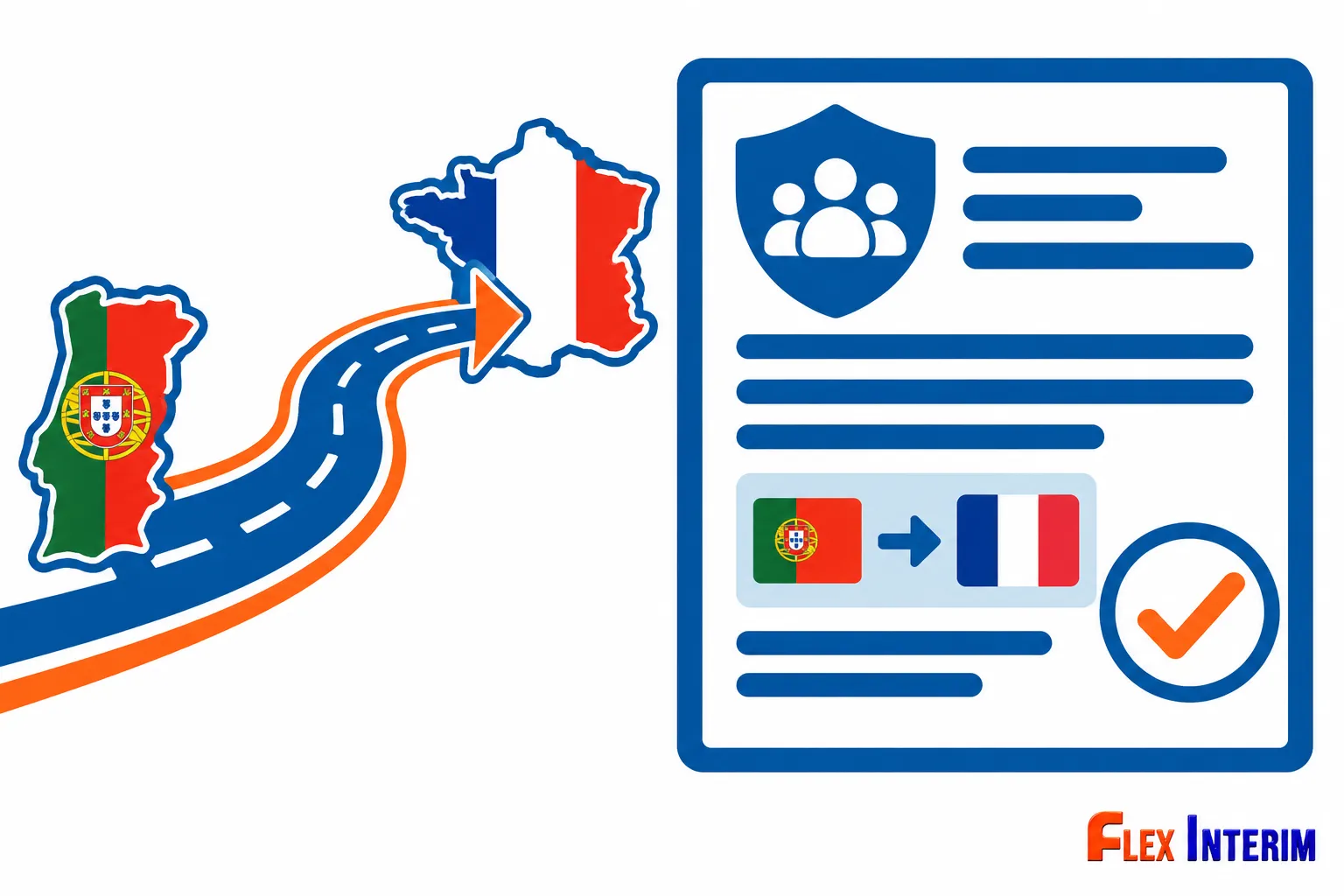 Une route qui relie le Portugal à la France et un document bleu avec un pictogramme de sécurité sociale et les drapeaux du