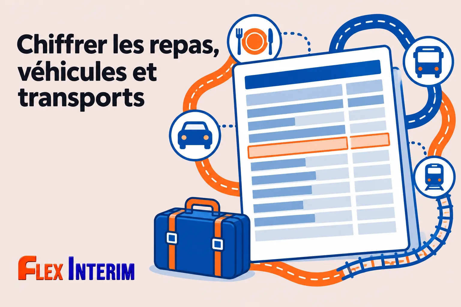 Tableau ou document avec des lignes et colonnes, entouré de pictos de véhicules et de bagages.