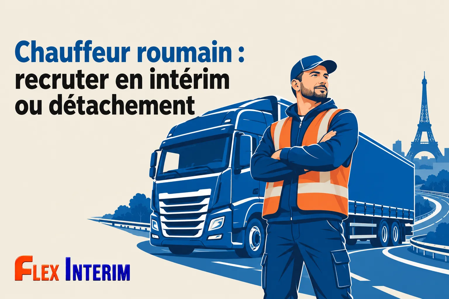 Travailleur routier en marquage orange et bleu se tenant les bras croisés devant un grand camion bleu sur fond de route et