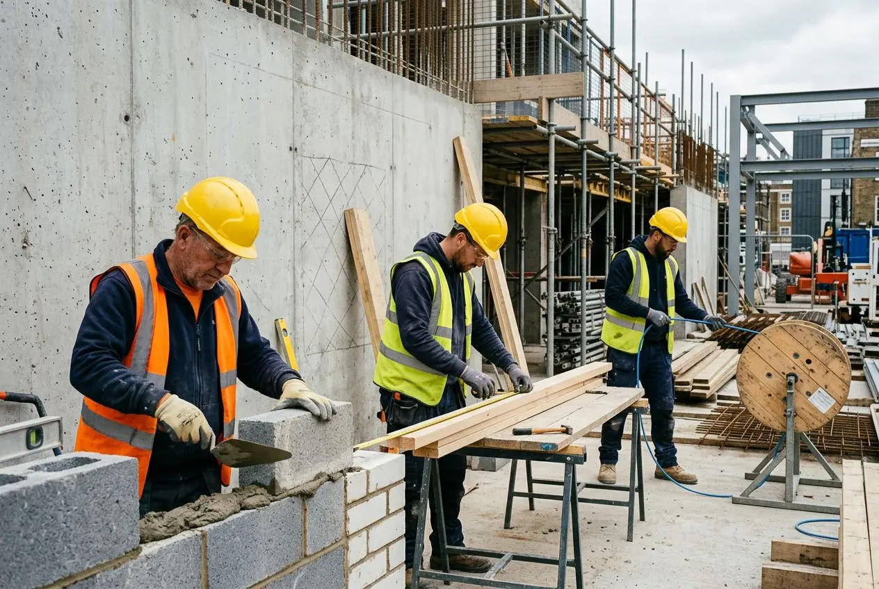 Trois ouvriers du bâtiment en jaune, gilets et casques, taillent et assemblent des bois sur un chantier, près d’un mur en béton. Coût main d'œuvre batiment intégré.