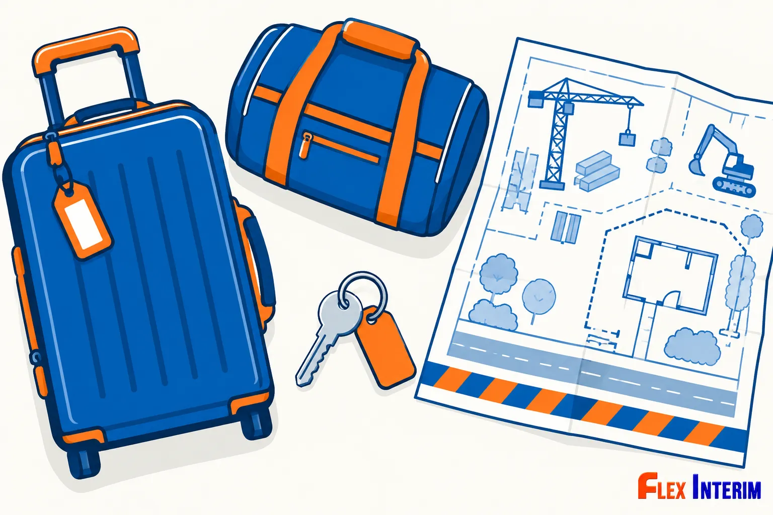 Une valise bleue à roues, un sac bleu et orange, des clés et un plan de chantier bleu clair sur fond blanc.